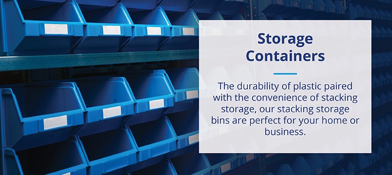 Storage containers: The durability of plastic paired with the convenience of stacking storage, our stacking storage bins are perfect for your home or business.